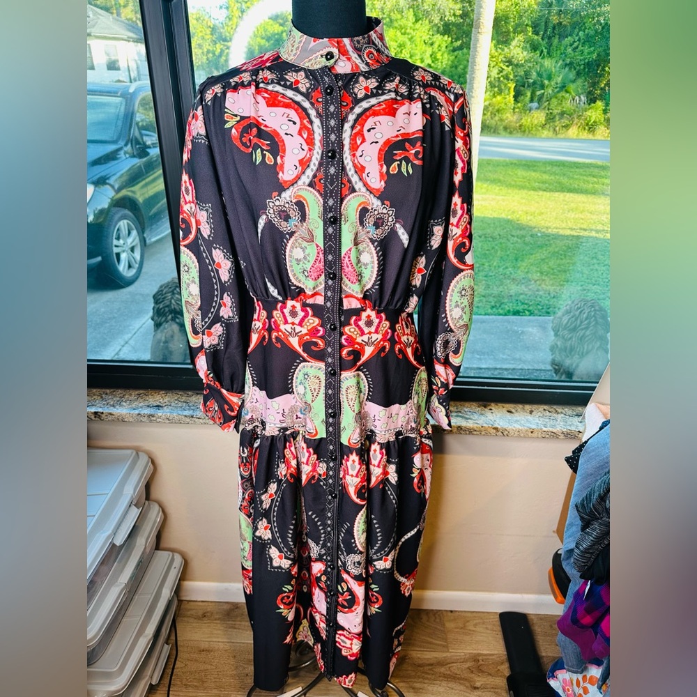 New Imperial Colorful Long Sleeve Paisley Button Front Tiered Maxi Dress Size 10